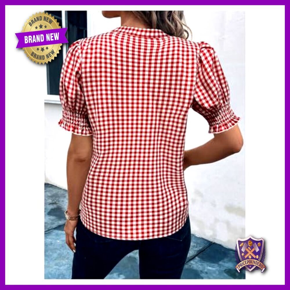 Puff Sleeve Blouse Gingham Print V Neck Dressy Casual Shirt Top Chic - Picture 3 of 4